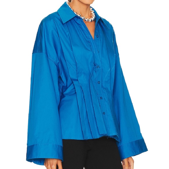 Revolve Blue Pleated Button Down Shirt - Picture 2 of 6